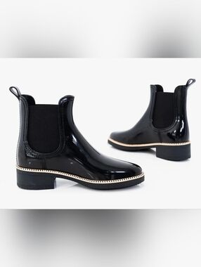 Lemon Jelly Ava Black Ankle Rain Boots, a glossy, vegan Chelsea-style boot, EU39